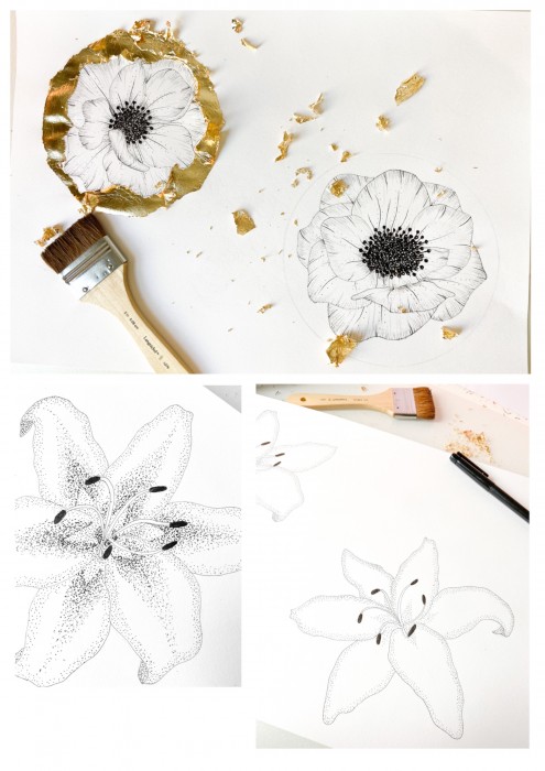 Photos showing the process of creating floral illustrations with gold leaf accents