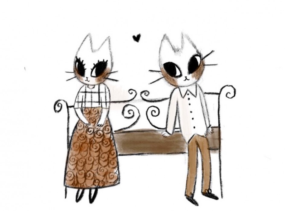 A spread from the silent book 'Cats in Love' featuring human-like cats in clothes.