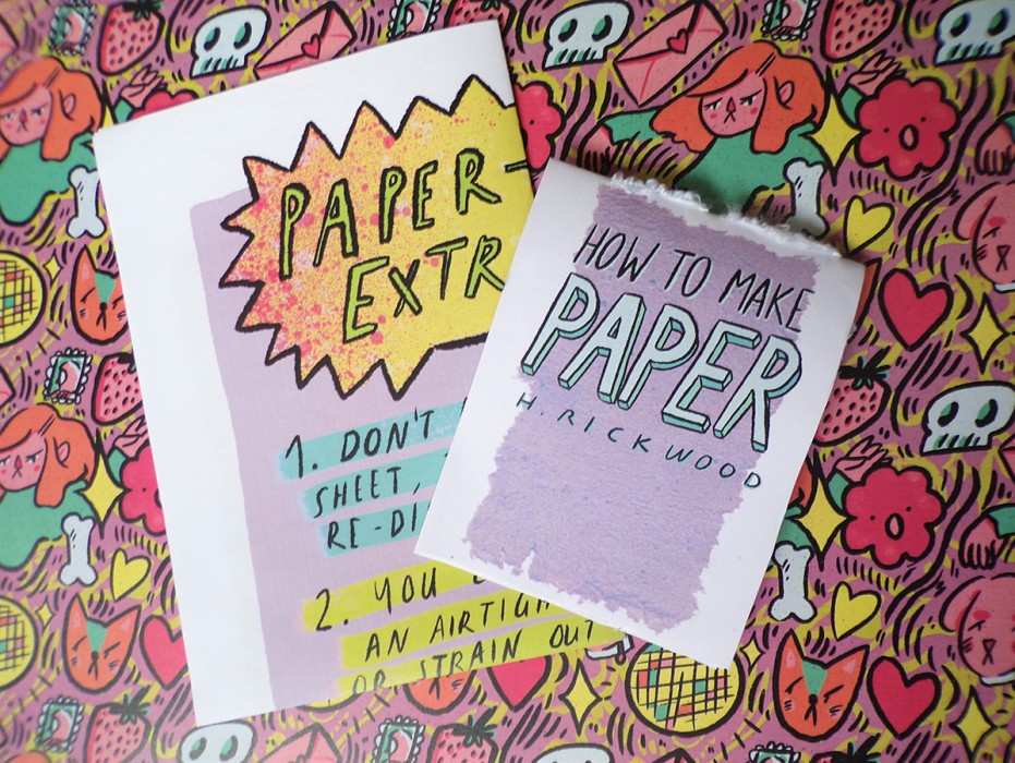 A poster and Zine on how to make paper. text and colourful artwork