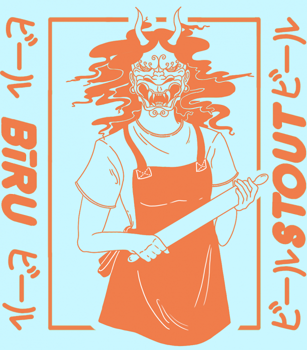 A printed label for a beer can. Featuring a tough mom with a rolling pin and mask