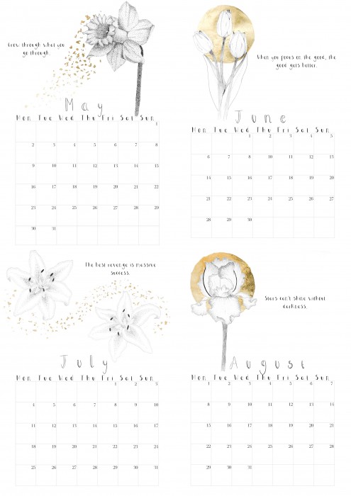 Pages showing May to August of a floral calendar