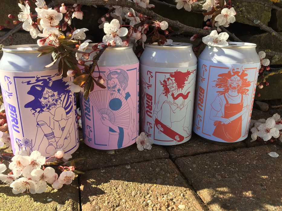A photo of four beer cans with illustrated labels