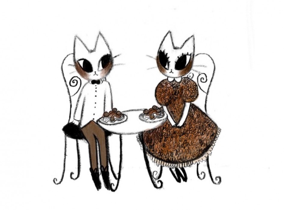 A spread from the silent book 'Cats in Love' featuring human-like cats in clothes.