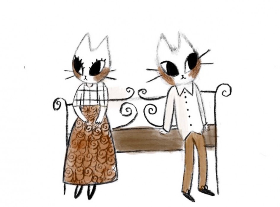A spread from the silent book 'Cats in Love' featuring human-like cats in clothes.