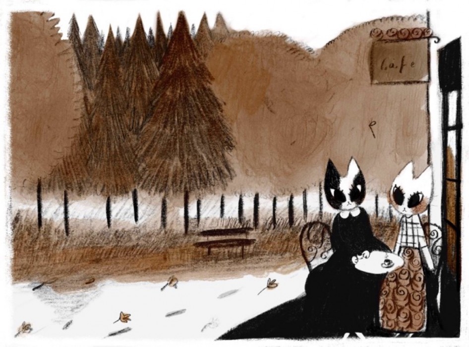 A spread from the silent book 'Cats in Love' featuring human-like cats in clothes.