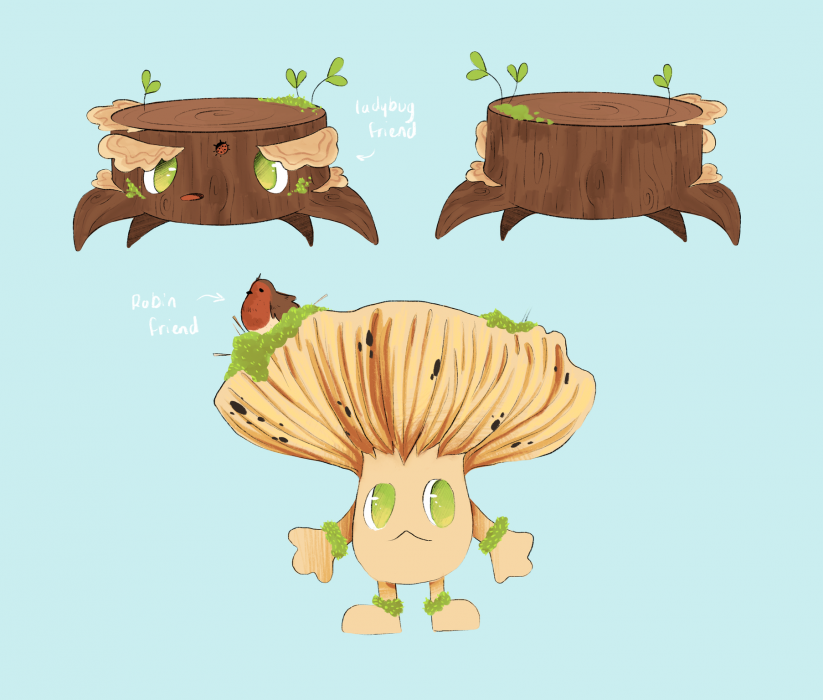 A cute character design sheet featuring fungus and stump characters.