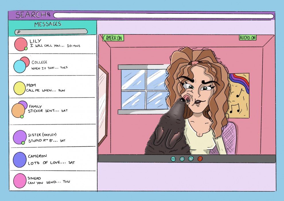 A digital illustration featuring a screenshot of a girl on a video call.