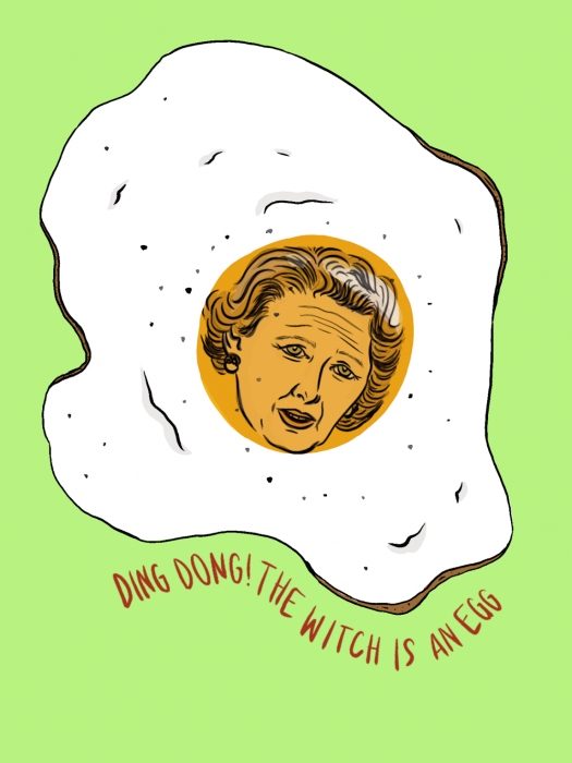 A political digital illustration of Margaret Thatcher as a fried egg.