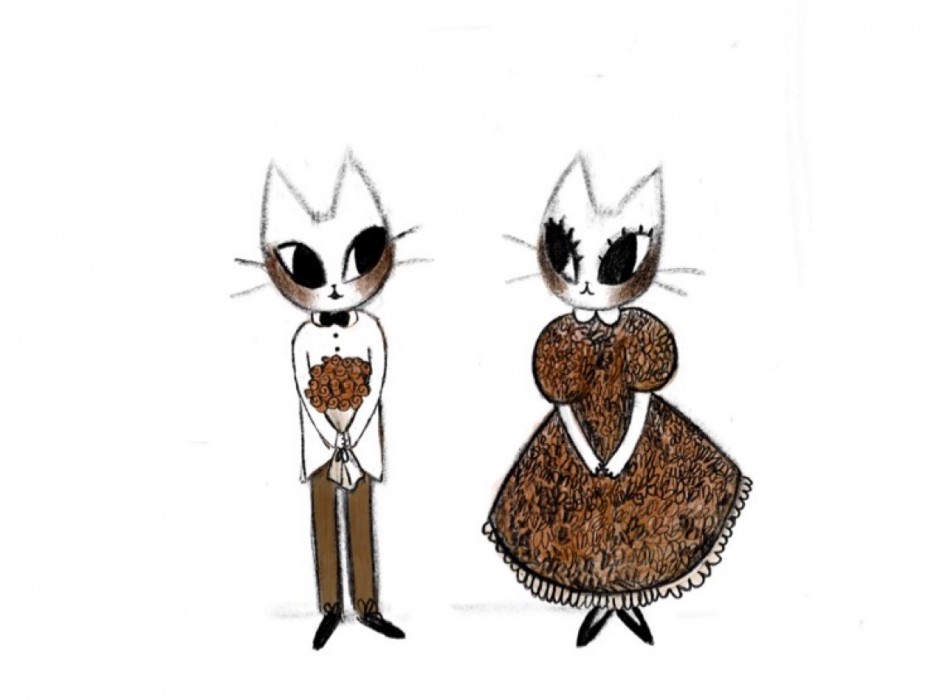 A spread from the silent book 'Cats in Love' featuring human-like cats in clothes.
