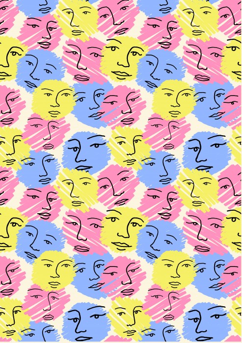A colourful wallpaper design with a repeating pattern of faces.