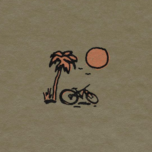 A digital illustration of a palm tree, bike, and sun.