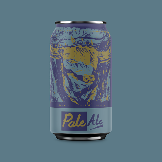 A beer can design for pale ale. Made in lino print and ink, featuring a stylised cow.