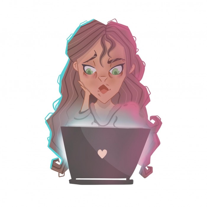 A digital illustration of a girl and a laptop.