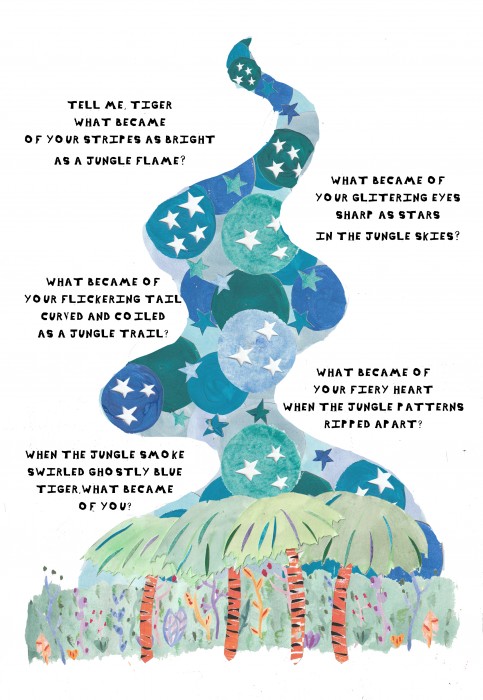 A collage and printed ink illustration of stars and trees, with text from the poem Tell me Tiger