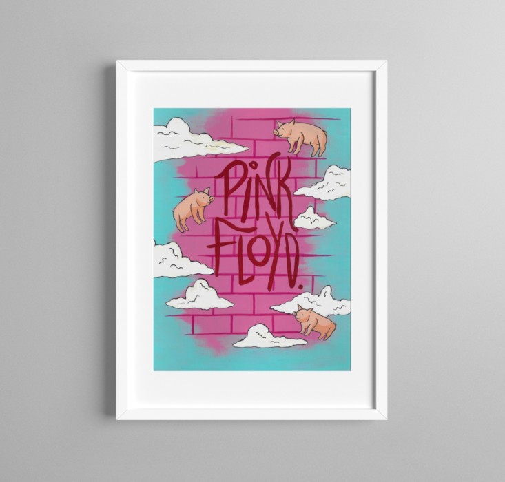 a music poster for Pink Floyd in gouache paint.