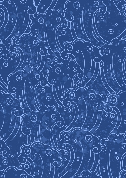 A wallpaper design with a blue wave repeating pattern.