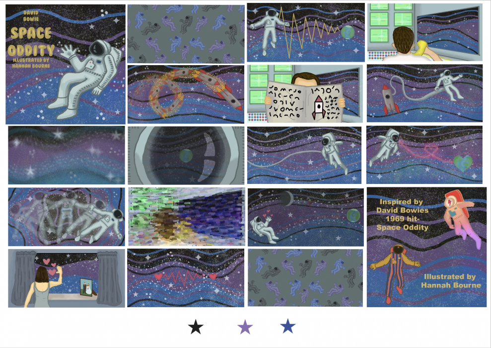 An overview of the illustrated pages in the wordless book 'Space Oddity'