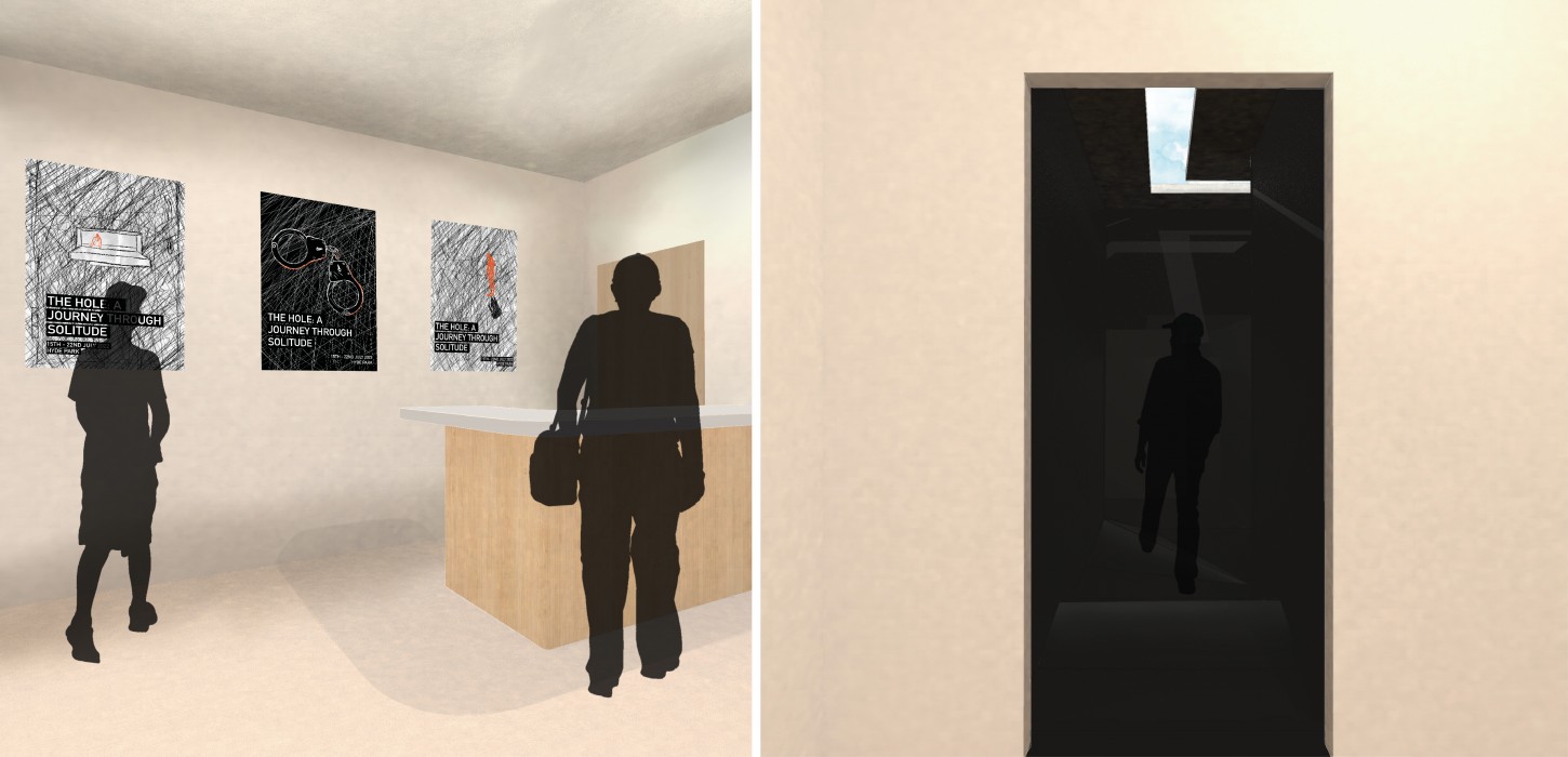 Once the visitors have collected headphones to listen to the narrative through, they will begin their journey through the corridor on the right. Dark and with unlevel flooring, it’s designed to disorientate and unnerve users along with the prison soundscape playing through peoples headphones.