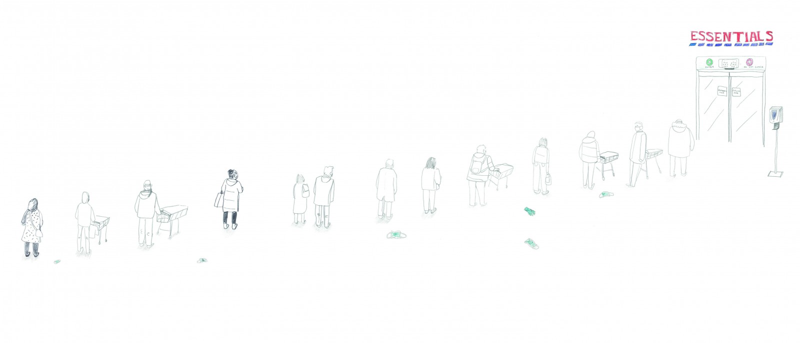 Pencil sketches of people waiting in a socially distanced queue.