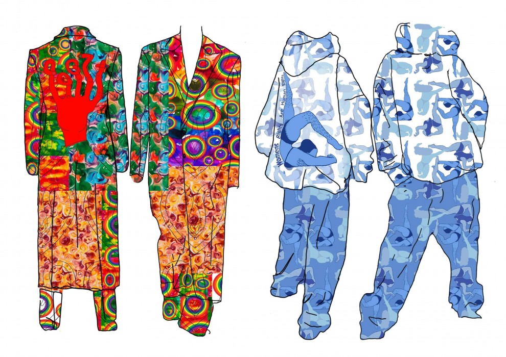 Colourful patchwork clothing designs, inspired by the 80's show ‘It’s a Sin’.