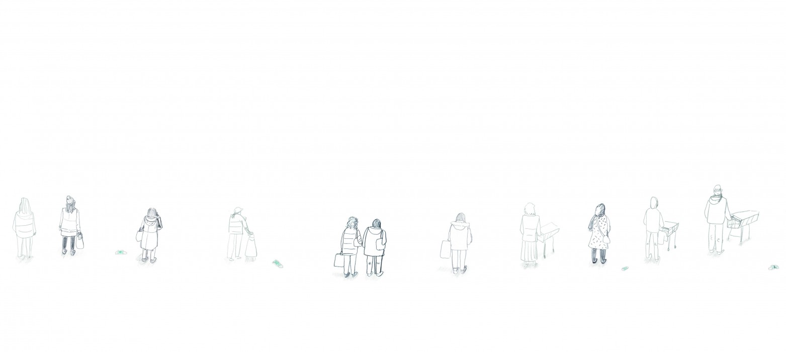 Pencil sketches of people waiting in a socially distanced queue.