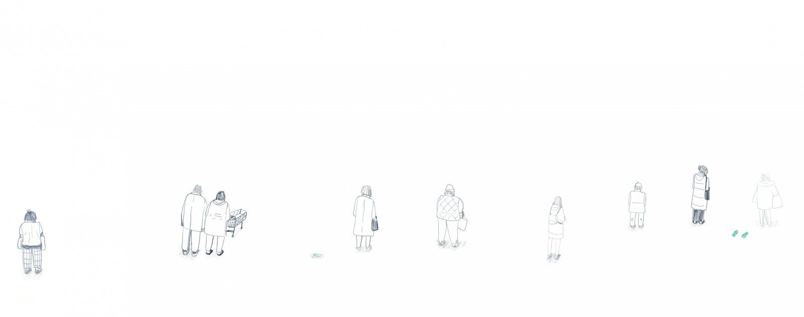 Pencil sketches of people waiting in a socially distanced queue.