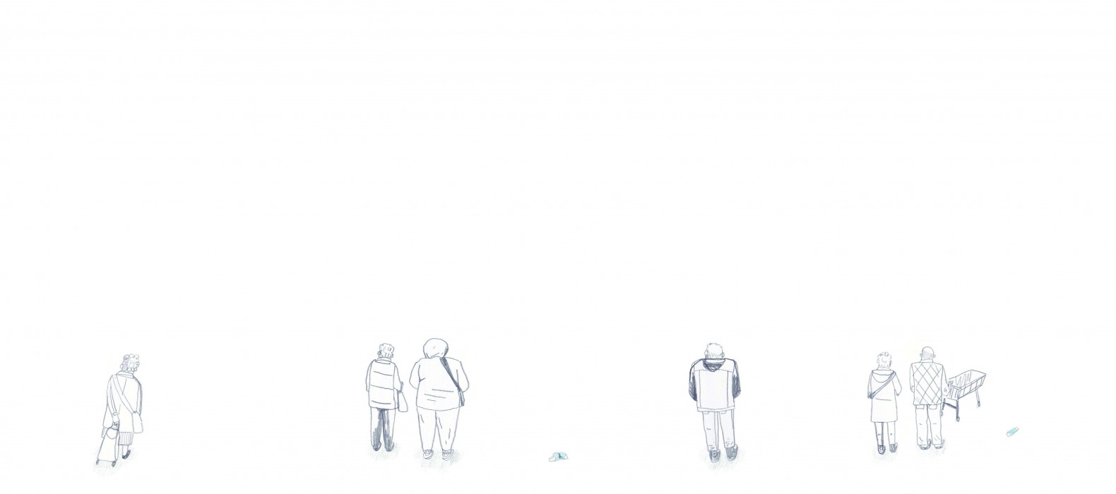Pencil sketches of people waiting in a socially distanced queue.