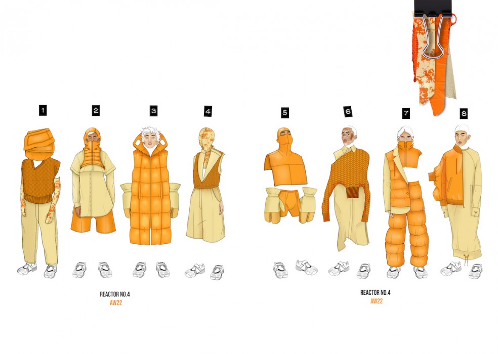 A number of different fashion designs in bright orange