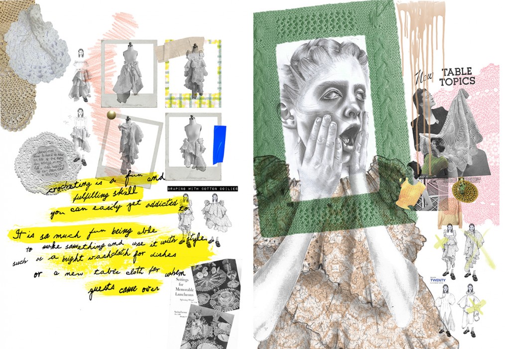 Development boards showing the draping process that informed Creighton's designs.