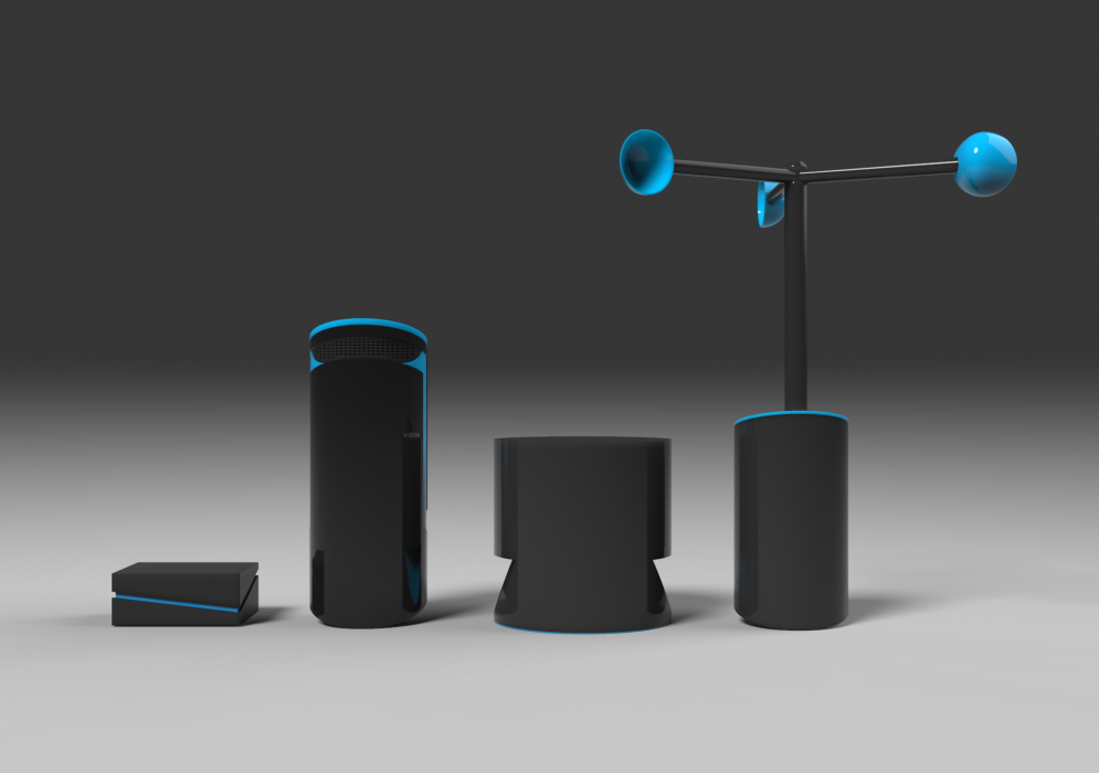Image showing all 4 devices in the suit. (from left to right- HUB device, Air Quality Monitor, Rain Gauge, Wind Gauge) These devices also show one of a few examples of how the devices will have attachments to allow them to be mounted in a user’s outdoor space.