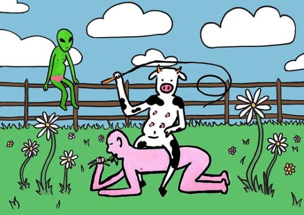 An illustration of an alien watching a cow sitting on a man