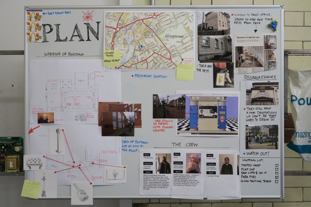 Multimedia whiteboard plan for a Freemason Lodge heist