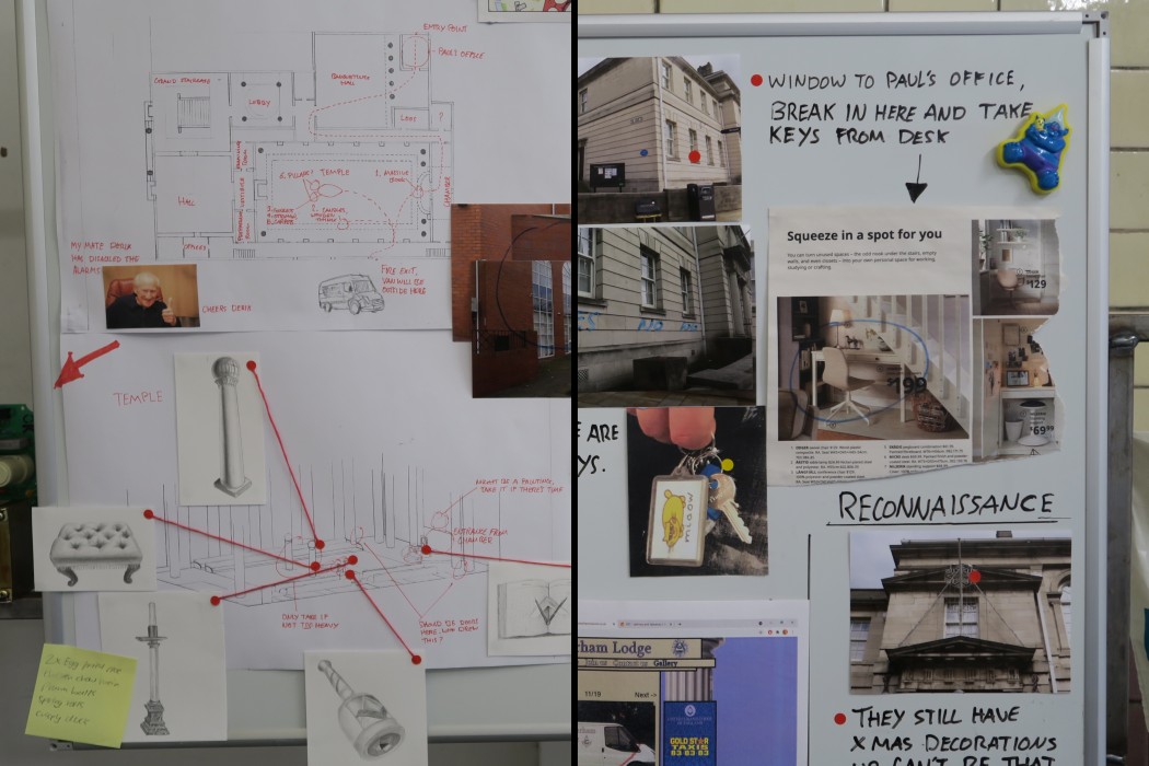 Multimedia whiteboard plan for a Freemason Lodge heist