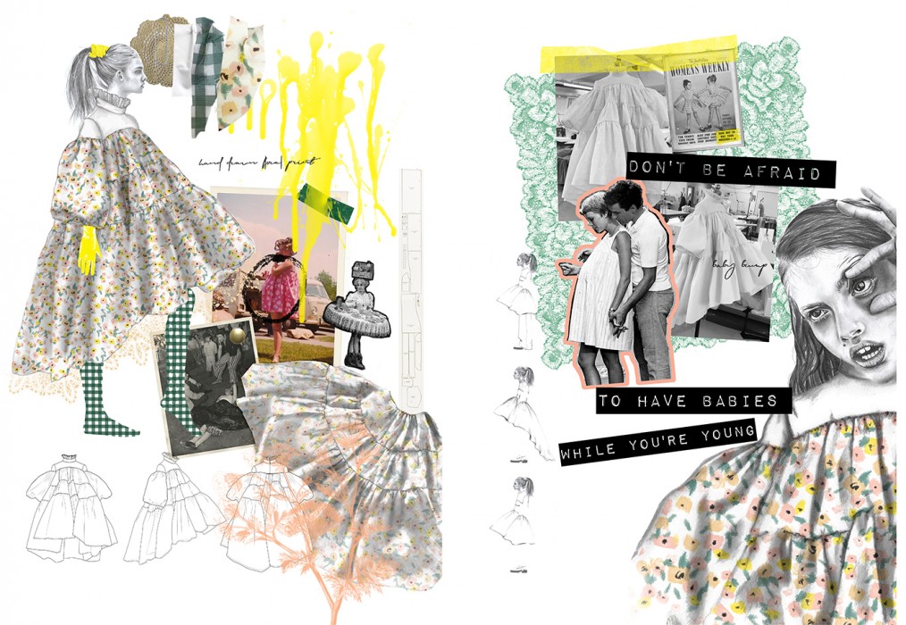 These development boards show the design process behind this oversized floral dress.