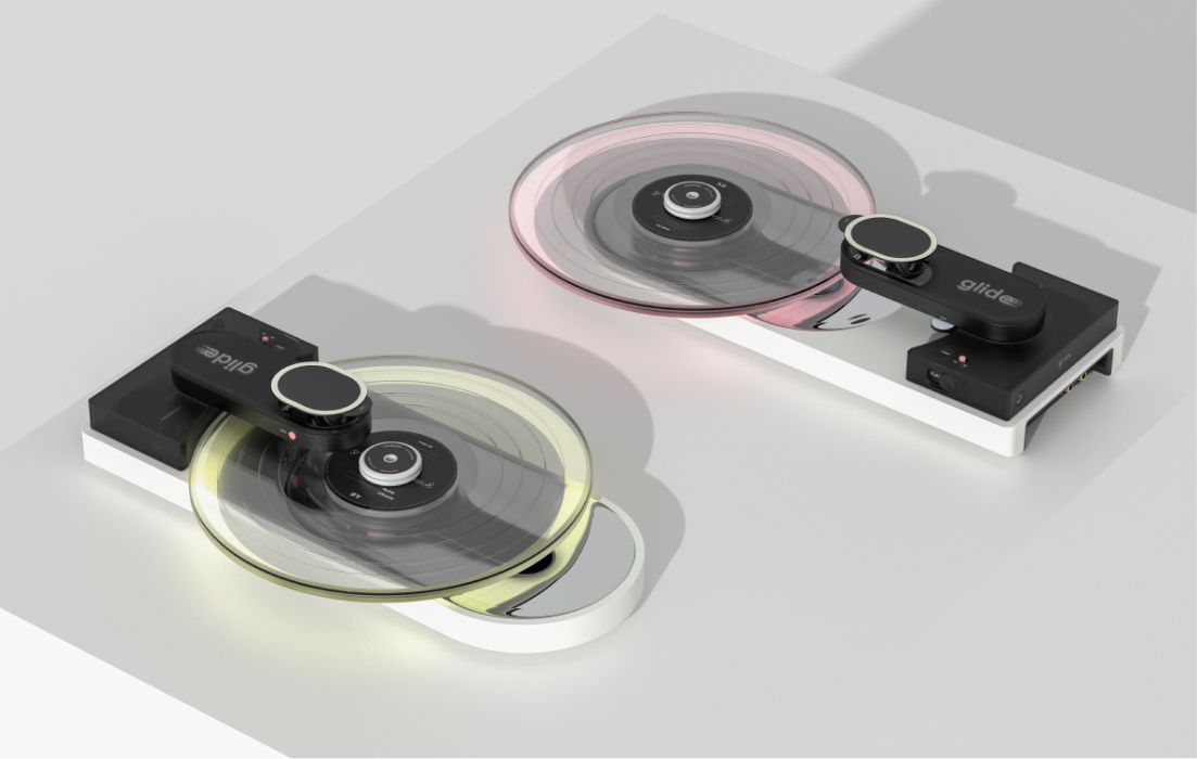 An image to show the movement of the vinyl platter from in to out. Also, to show alternative colourways.