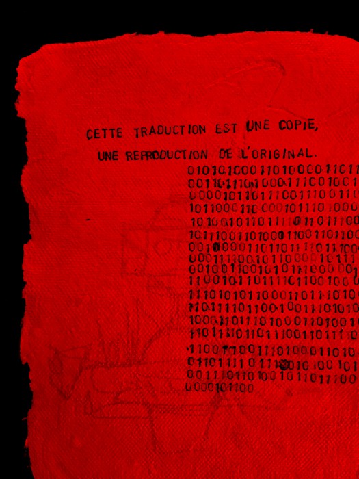 Text on red paper with translations in French, English, Morse code and Braille