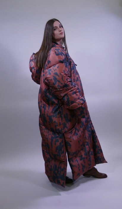 Second look for the final collection, FIVE MPH, 2021. Includes a T-shirt dress and oversized puffer jacket.
