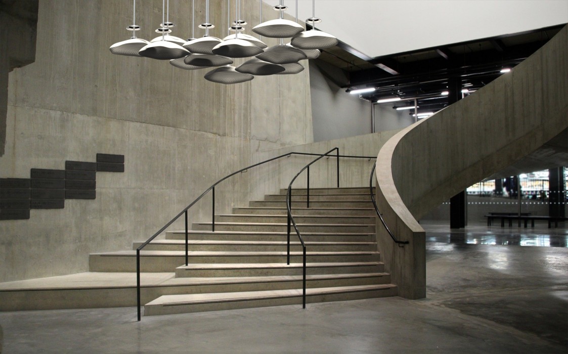 A digital rendering of what the product could look like if multiple ‘modules’ were tessellated and fitted in a large indoor space. Each module has three lobes, and multiple modules can be fitted to create an array.