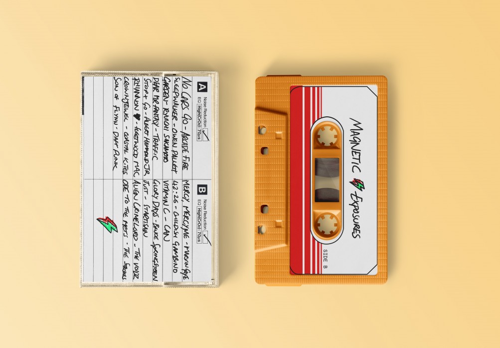 Digital rendering of the cassette case, side B, alongside cassette label