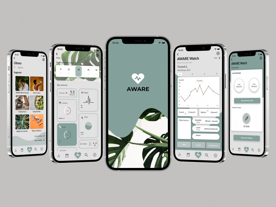 5 phones displaying a green awareness app