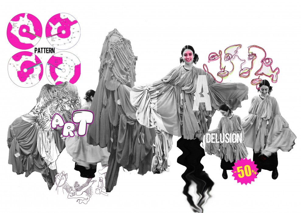 Black and white collage with pink accents of a woman wearing a cloak