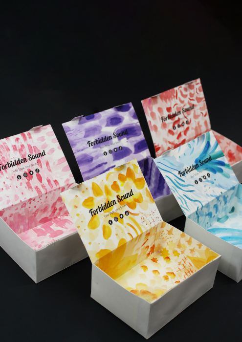 The Forbidden Sound packaging set in all five brand colours.