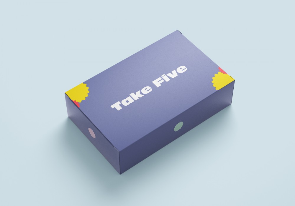 A purple box with the text "Take 5" written in white text on the box