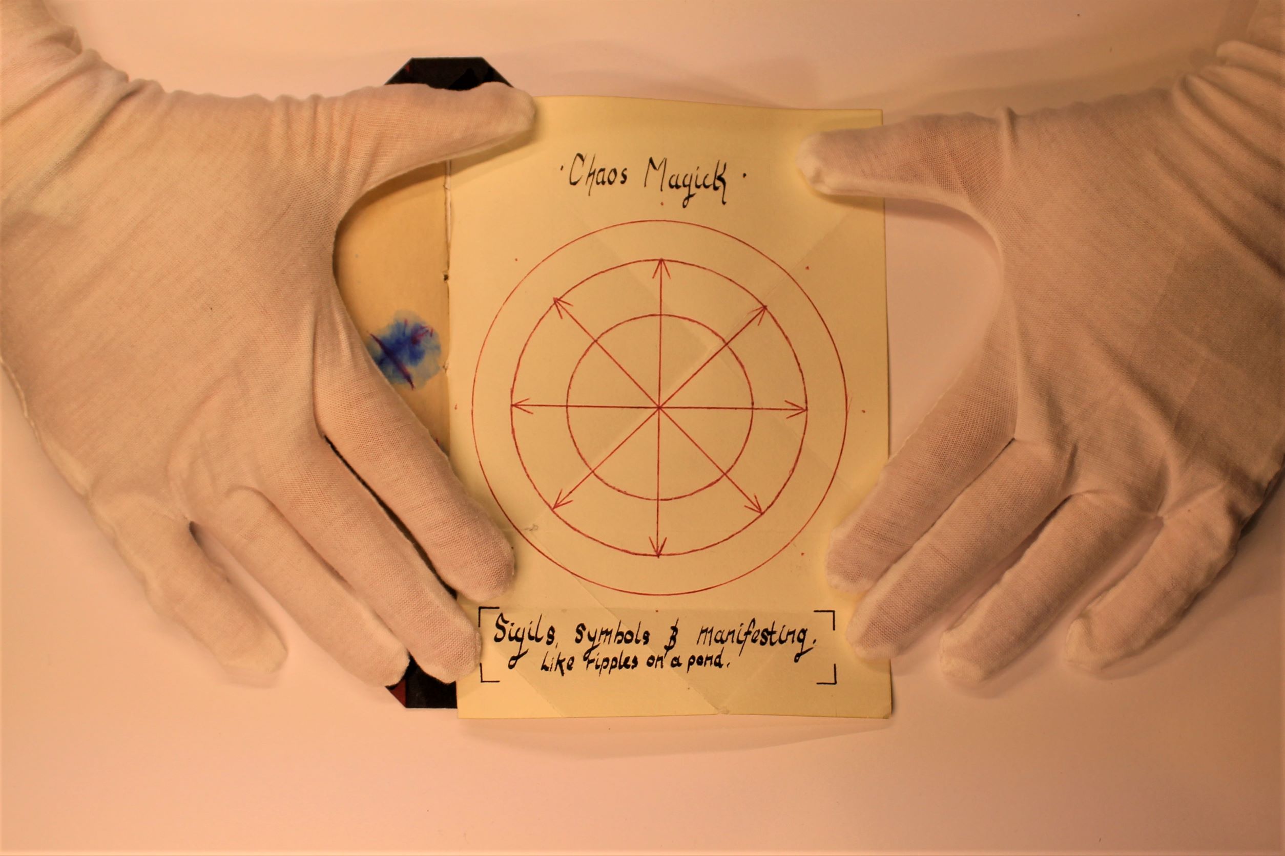 Book 2 Page &#8211; Chaos Wheel, unknown, Distressed and aged paper, red and black ink