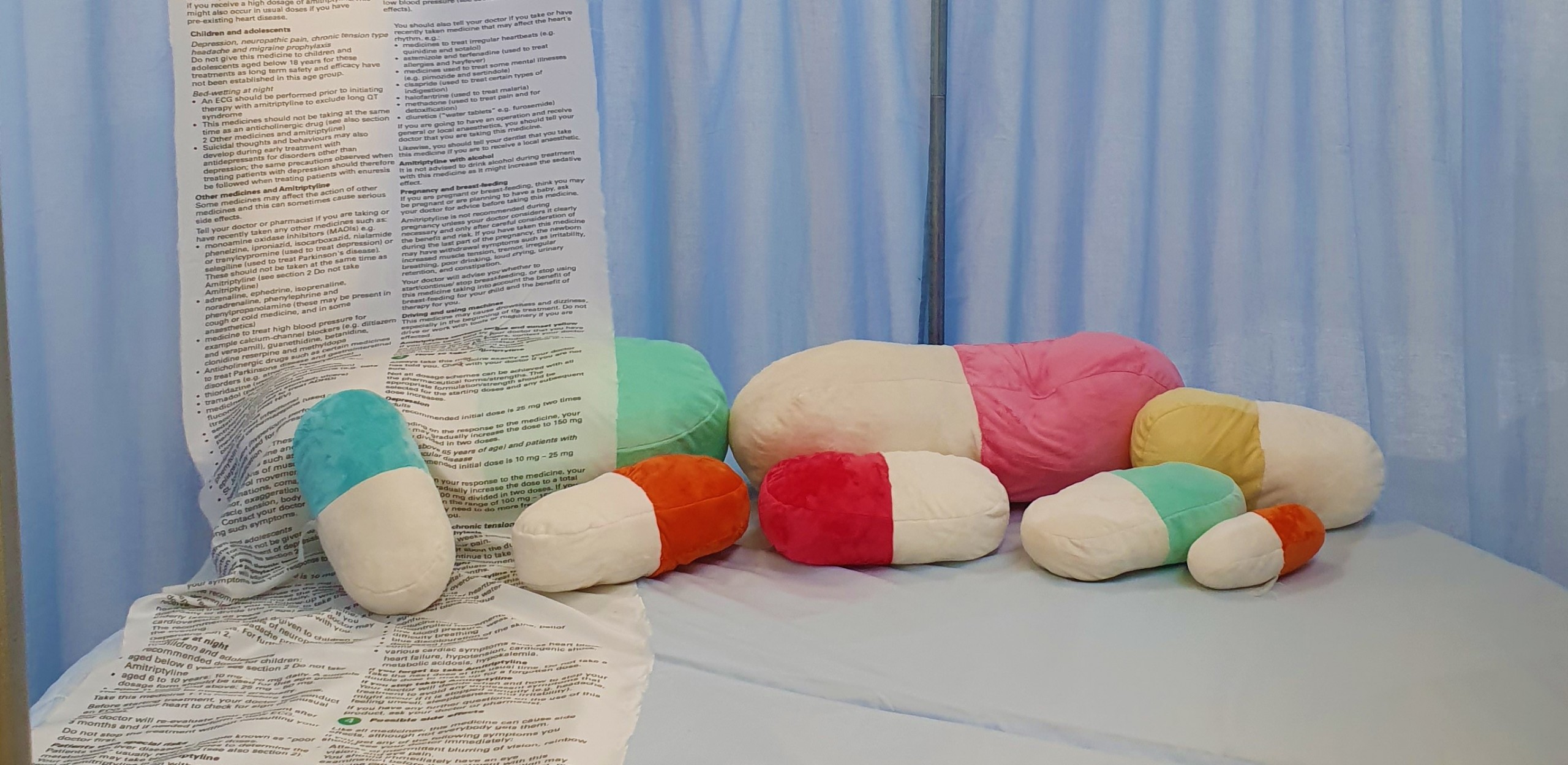 Prescribed Bed Rest, Installation, Fabric, Metal, Foam, Wood, Printed Fabric, 2.5 x 2.5 x 2.3m, 2022