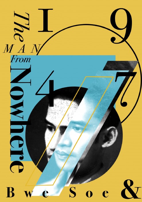 Yellow and Blue graphic with man on it