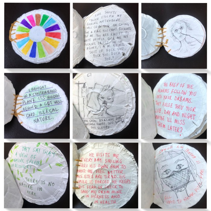 9 paper pill containers, flattened, and written on
