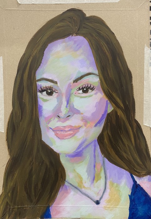 Portrait on cardboard in purples and greens