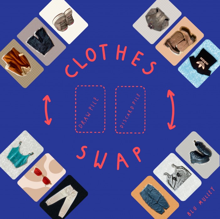 Royal blue background with twelve images of clothes forming a circle, and the words Clothes Swap in red in the centre
